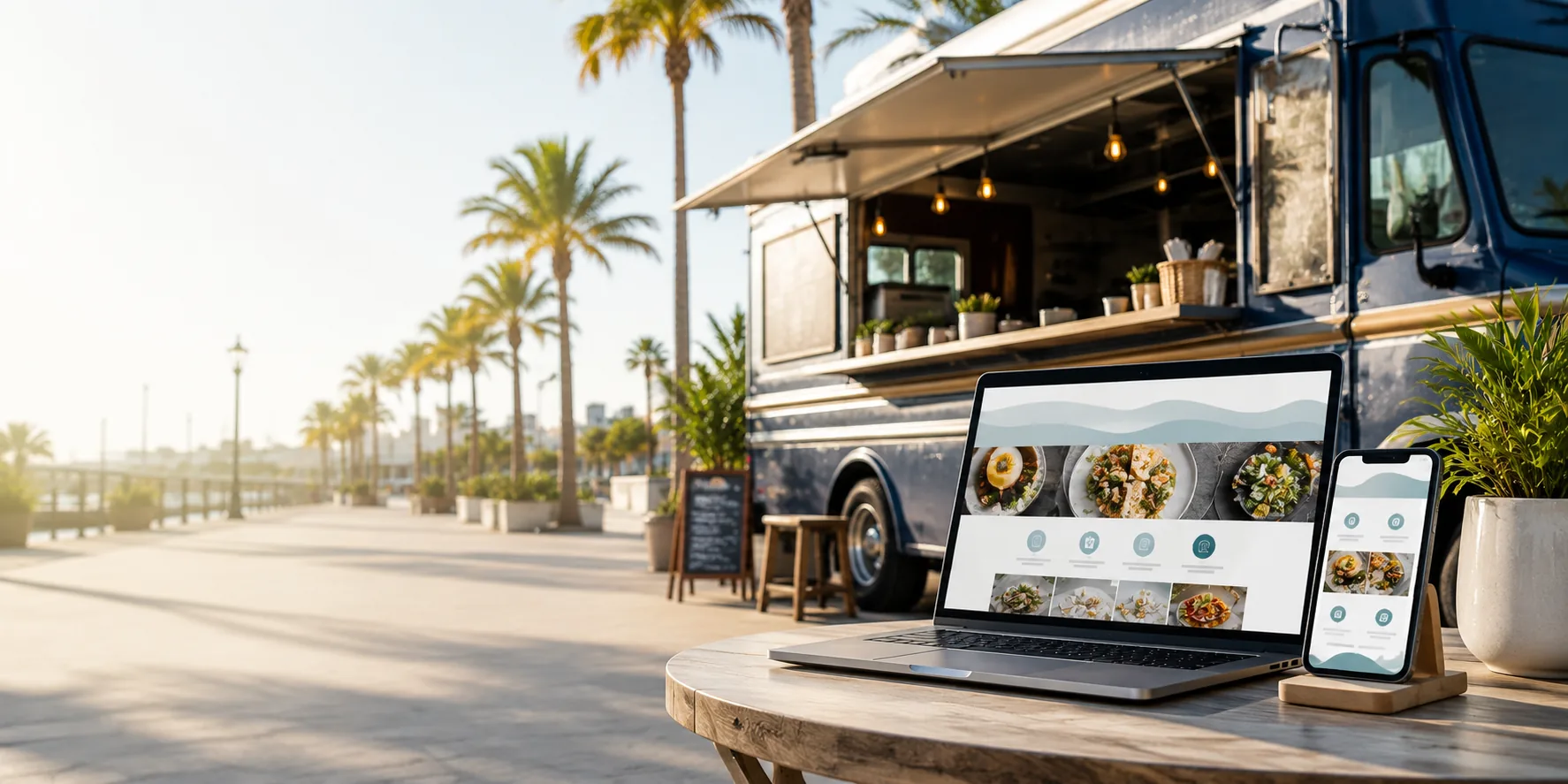 Sitio web para camión de comida local mostrado en computadora y teléfono